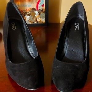 Black suede wedge heel shoes Sz 7